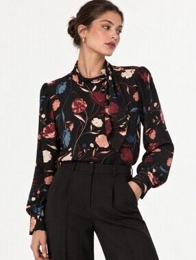 RW&CO. Black Formal Officewear Floral Tie-Neck Chic Flowy Blouse Academia